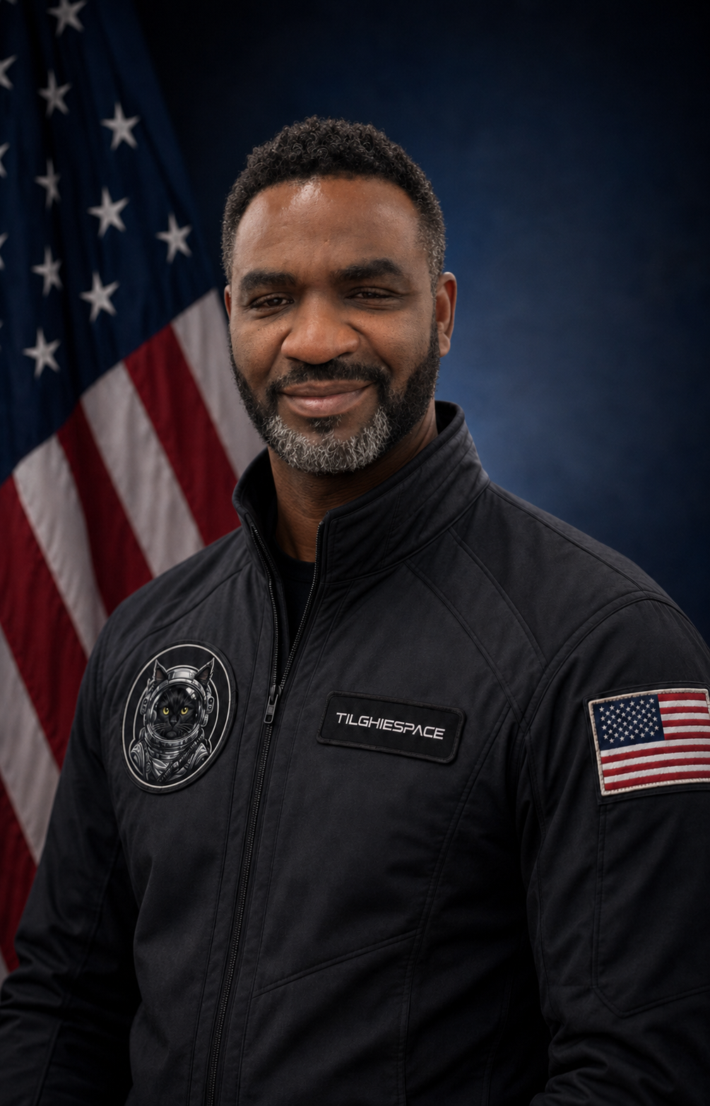 Michael R. Tilghman Jr. wearing a TilghieSpace flight jacket